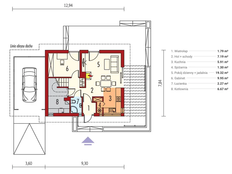 Main Floor 1 – European Home Plan with 1-Car Carport