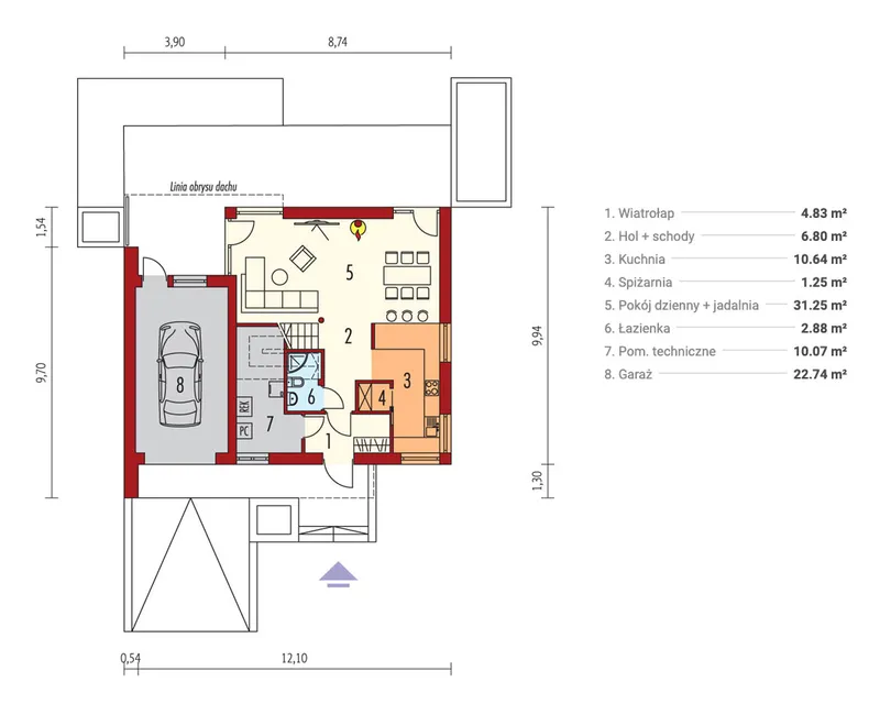 Main Floor 1 – 1.5-Story House Plan with Rooftop Deck above Garage