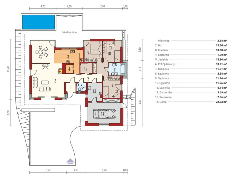 Main Floor 1 – Hip Roof House Plan with Courtyard-Entry Garage