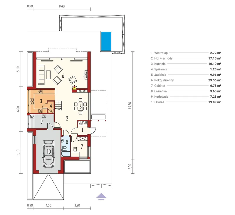 Main Floor 1 – Narrow Lot House Plan with Flat Roof and Garage