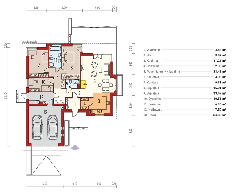 Main Floor 1 – 1300 Sq Ft L-Shaped House Plan with Garage