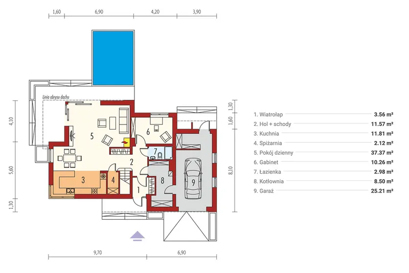 Main Floor 1 – Modern House Plan with Gable Roof and Home Office