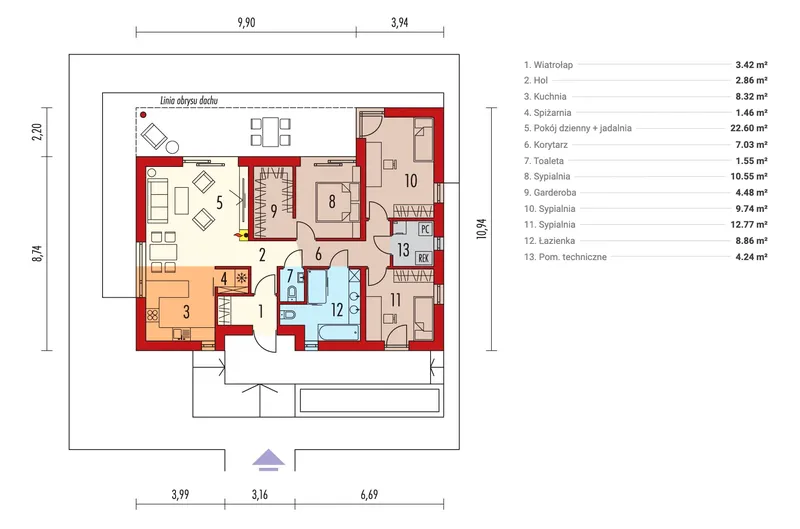 Main Floor 1 – 1-Story House Plan 1054 ft², 3 Beds — 43346R