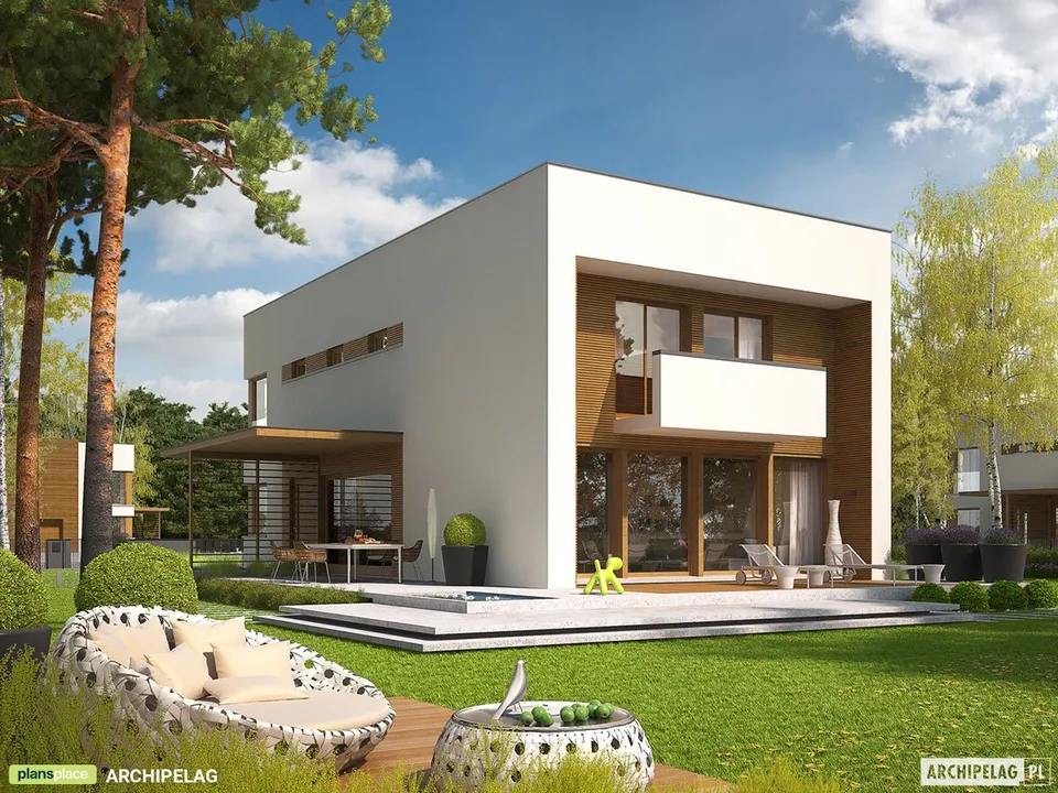 Main Images 1 – Narrow Lot House Plan with Flat Roof and Garage